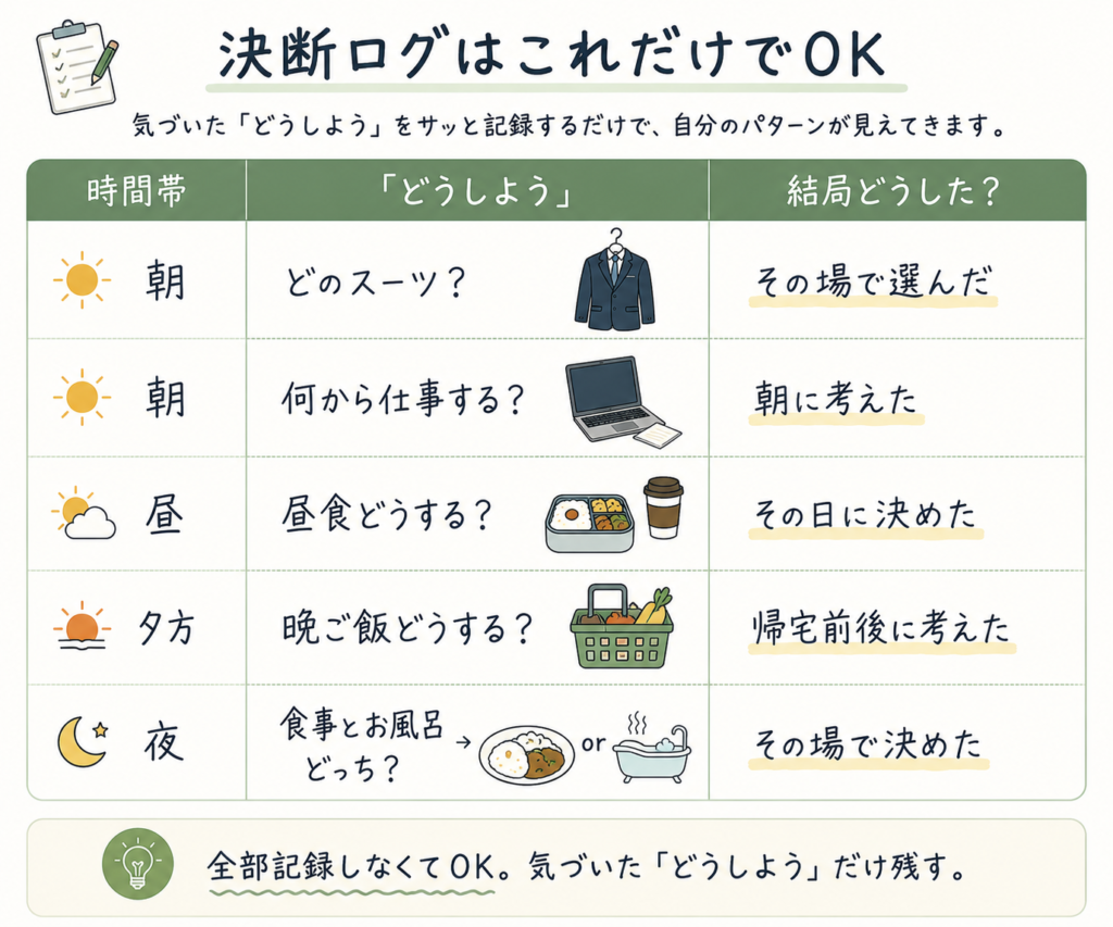 時間帯と迷ったことと実際の選択を記録する決断ログの記入例