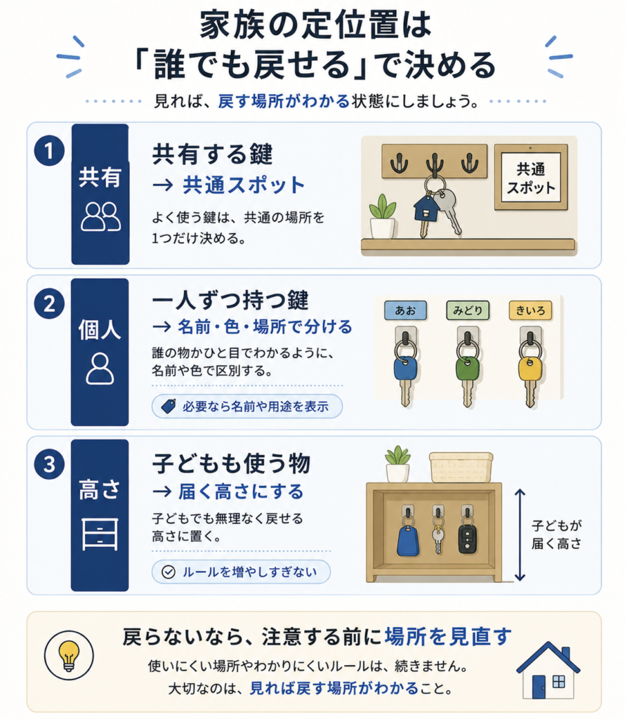 家族で使う鍵を共有用・個人用・使う高さに分けて定位置を決める方法