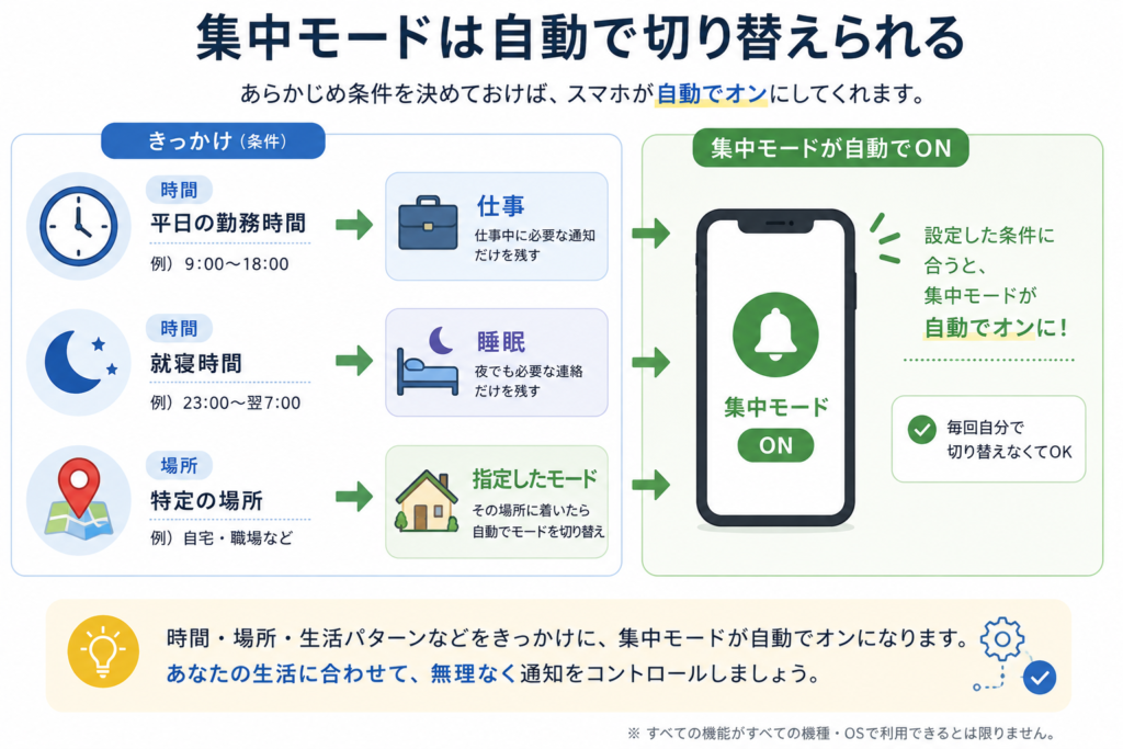 時間や場所に合わせて集中モードを自動で切り替える例
