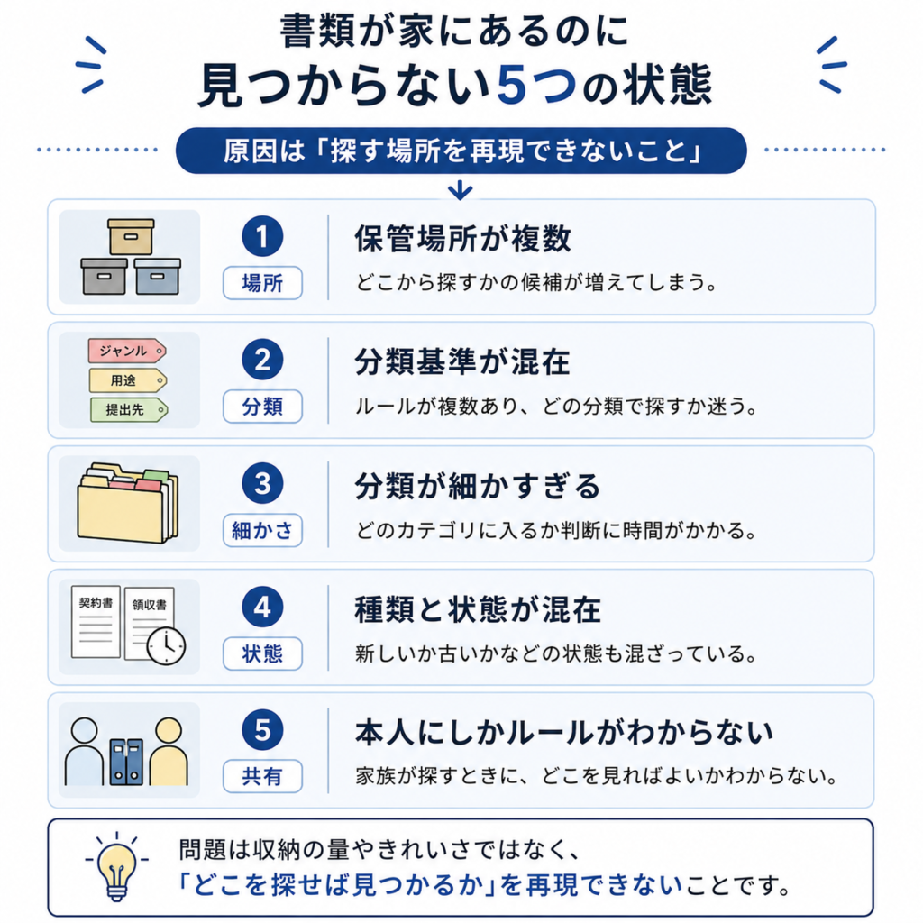家にある書類が見つからなくなる5つの原因を整理した図解