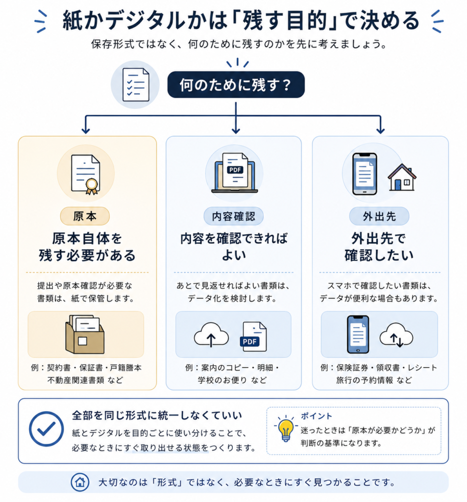 書類を残す目的から紙とデジタルの保存方法を判断する図解