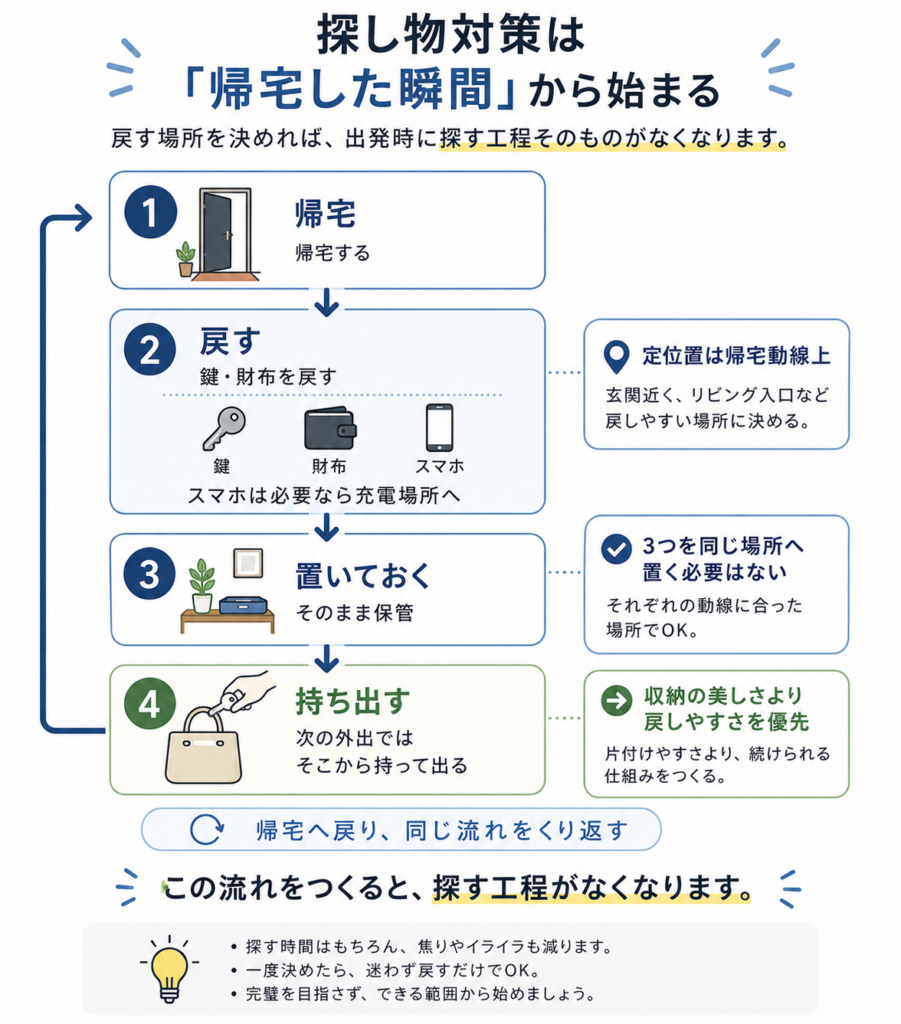 帰宅後に鍵・財布・スマホを定位置へ戻し次の外出で持ち出す流れ