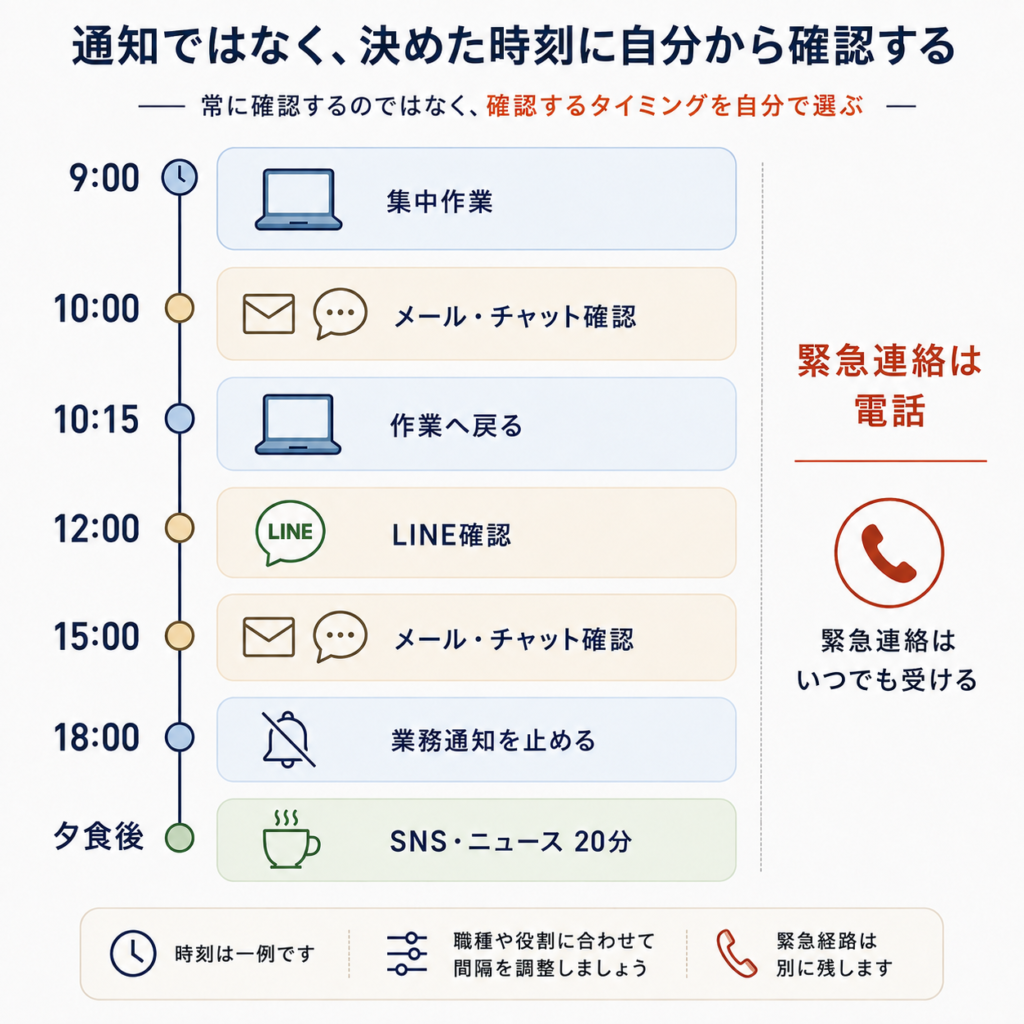 メールと業務チャットを決めた時刻に確認する1日の例