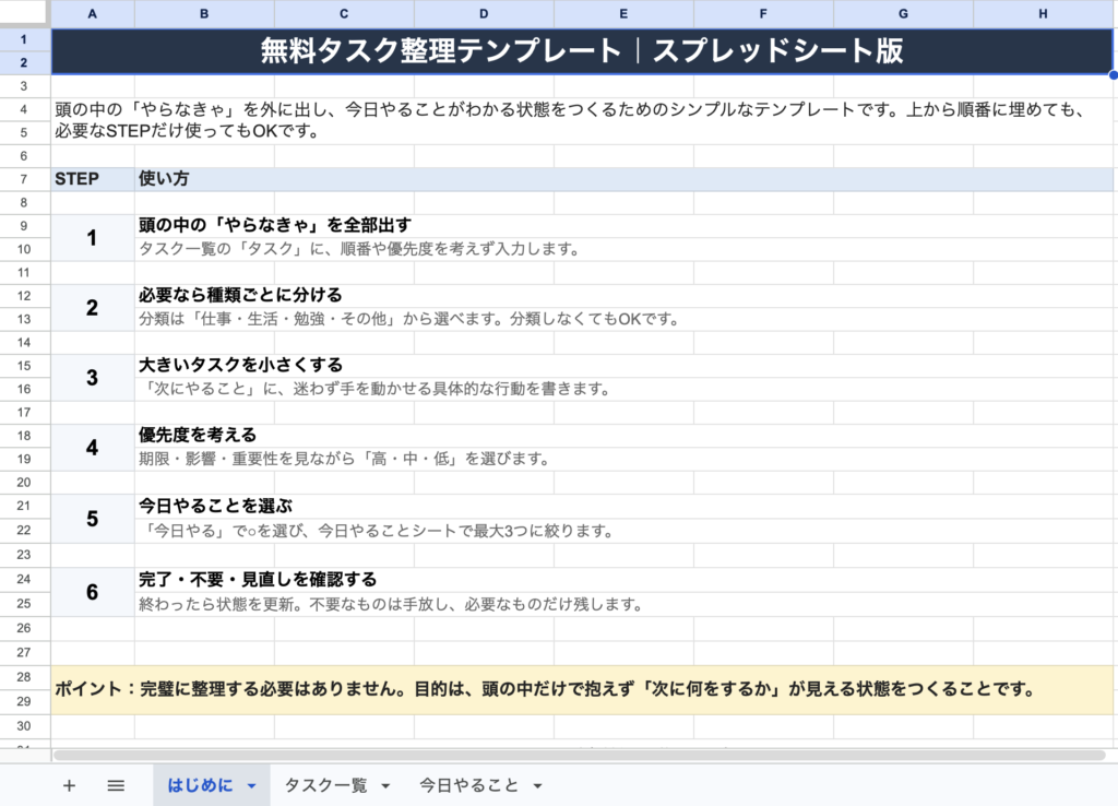 無料タスク整理テンプレートの入力項目と整理の流れ