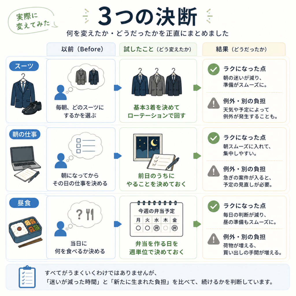 スーツ・朝の仕事・昼食で実際に試した決断削減と結果の比較