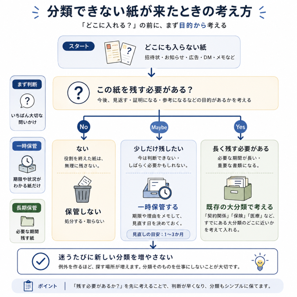 分類できない紙を残す必要から一時保管や長期保管へ振り分ける判断図
